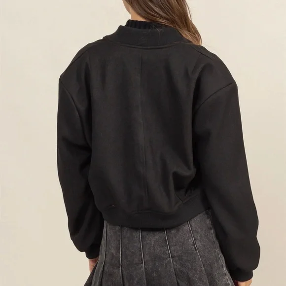 Hyfve Button-Up Black Bomber Jacket With Ribbed Cuffs - Picture 3 of 4
